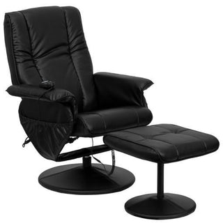 Massaging Black Leather Recliner and Ottoman with Side Pockets