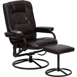 Massaging Brown Leather Recliner and Ottoman