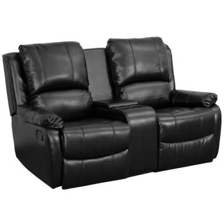 Black Leather Pillowtop 2-Seat Home Theater Recliner with Cup Holders