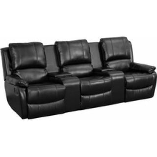Black Leather Pillowtop 3-Seat Home Theater Recliner with Cup Holders
