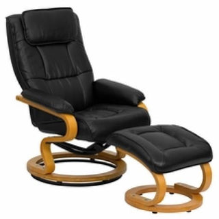Black Leather Recliner and Ottoman with Maple Wood Base
