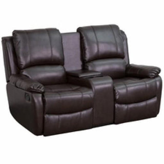 Brown Leather Pillowtop 2-Seat Home Theater Recliner with Cup Holders